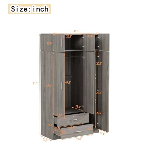 6-Door Armoire Wardrobe Closet with Mirror, 2 Drawers Wooden Armoire Closet Cabinet for High Storage Capacity, Bedroom Armoires with 1 Hanging Rod 41.3" L x 19.5" W x 81.1" H
