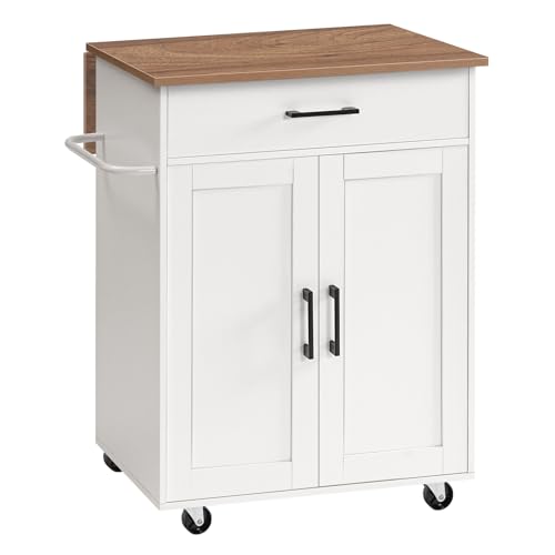 Kitchen Island on Wheels with Drop Leaf, Folding Countertop Kitchen Island Cart, Kitchen Island Table with Towel Rack, Drawer, for Kitchen, Dining Room, White and Natural KINW12501