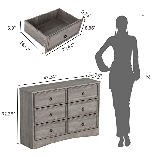 Modern 6 Drawer Dresser with Strip Lights, Dressers for Bedroom, Chest of Drawers Closet Organizers and Storage Clothes - Easy Pulls Handle, Textured Borders Living Room, Hallway, Gray