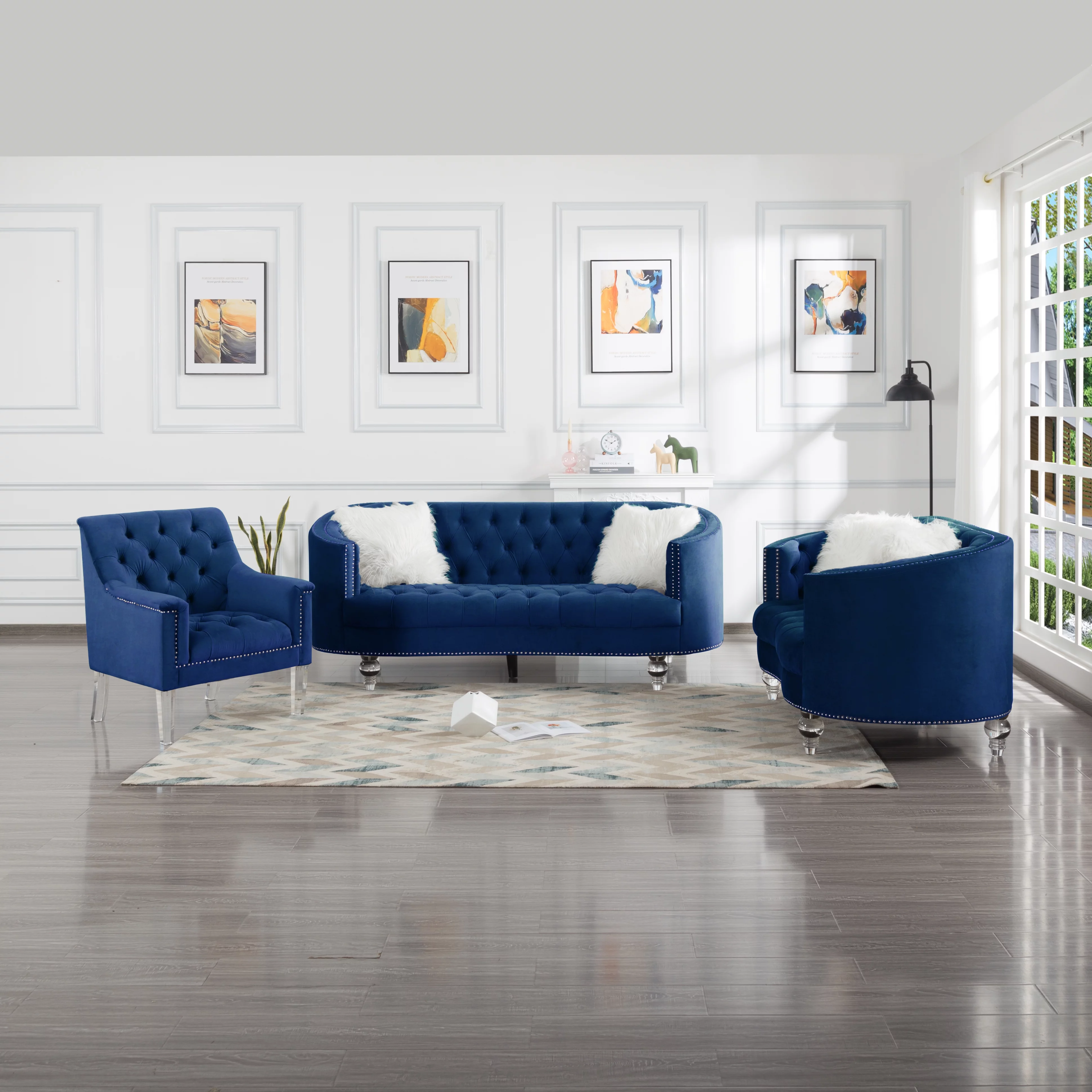 3 Piece Living Room Set Navy Blue Velvet