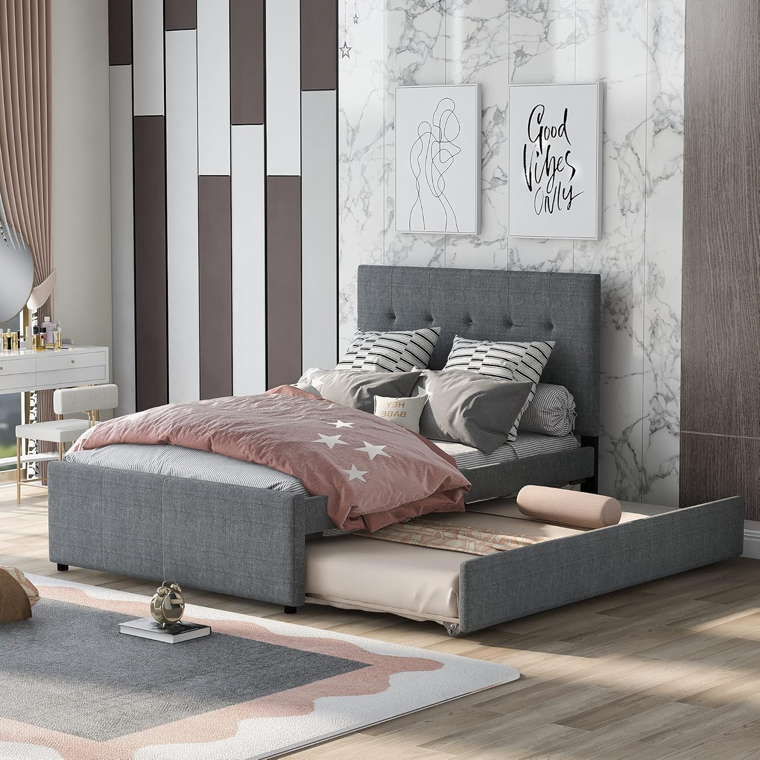 Bellemave Upholstered Full Size Platform Bed Frame with Trundle and Headboard, Linen Fabric Simple Style, Solid Wooden Slats Support, No Box Spring Needed, Grey