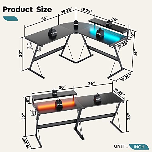 Bestier L Shaped Gaming Desk with LED 55 Inch, Large Monitor Shelf Cup Holder Headset Hook 3 Setup Ways Reversible 72 Inch Long Desk for 2 Persons, Carbon Fiber Black