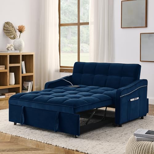57.1" Convertible Sofa Bed, 3 in 1 Multi-Functional Lounge Chair Sleeper Loveseat , Pull Out Couch Guest Bed Futon Sofabed Sofacama with Adjustable Backrest and Side Pockets for Living Room Office