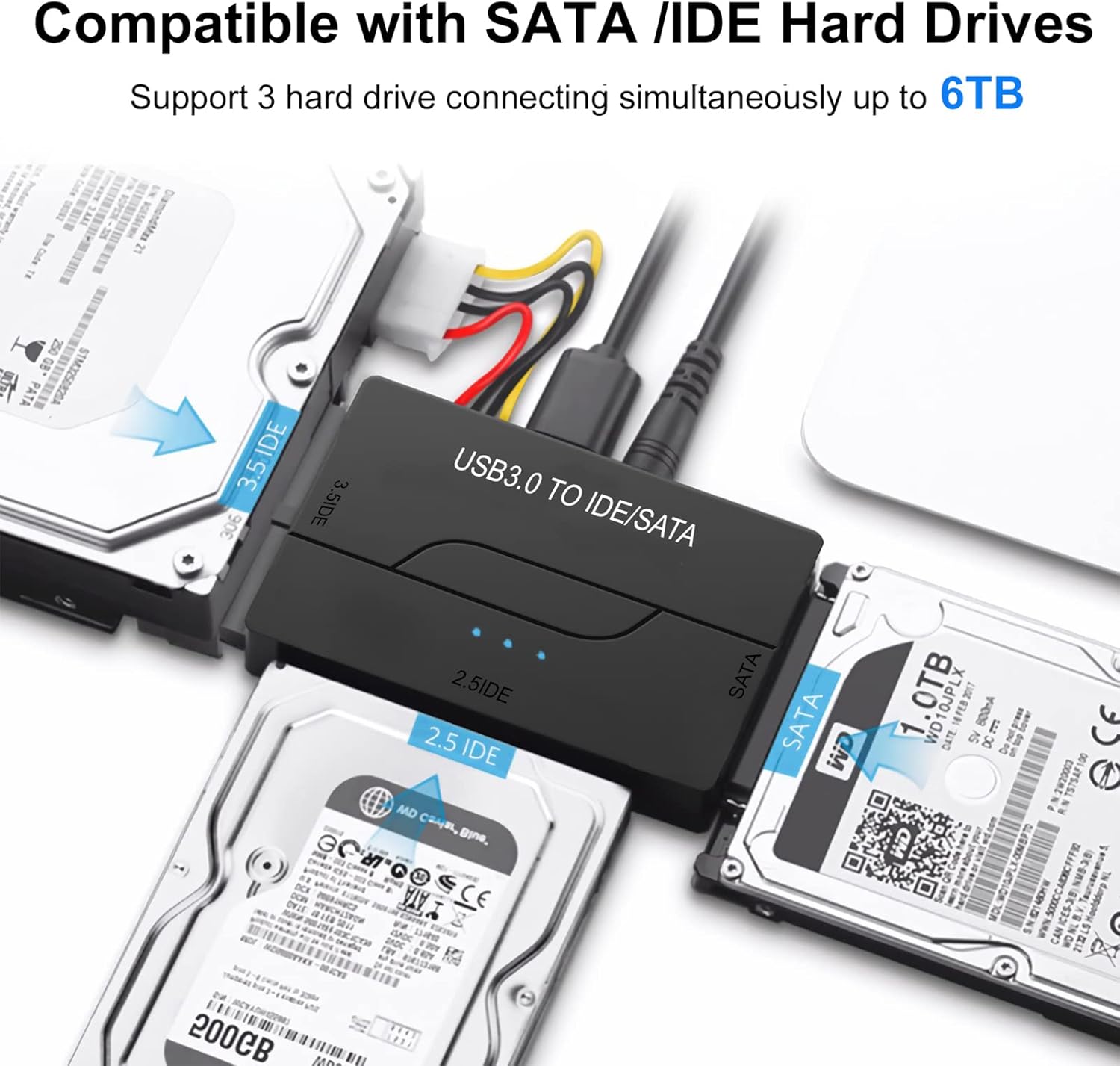 SATA/IDE to USB 3.0 Adapter, Hard Drive Adapter Converter for 2.5 3.5-Inch IDE SATA External HDD SSD, Universal Hard Drive Reader Cable Support 6TB with 12V 2A Power Supply Pack of 2