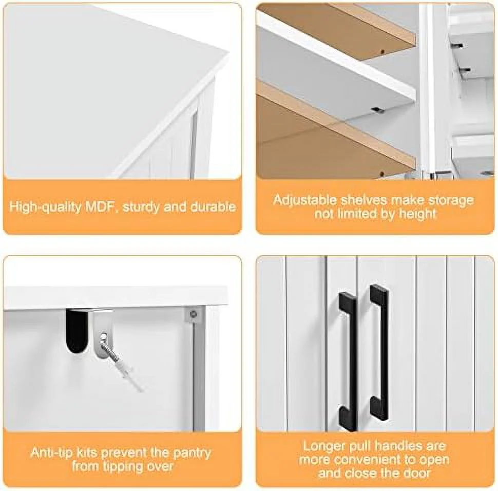 Kitchen Pantry Cabinet, Storage Cabinet Cupboard With Doors And Adjustable Shelves For Small Space, Wood Farmhouse Pantry Cupboard For Kitchen, Dinning Room, Living Room, White