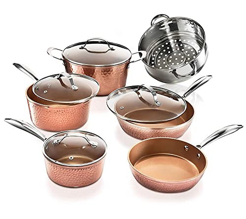 Gotham Steel Hammered Copper 10 Pc Pots and Pans Set Non Stick Cookware Set & Hammered Copper 12 Inch Nonstick Skillet, Aluminum