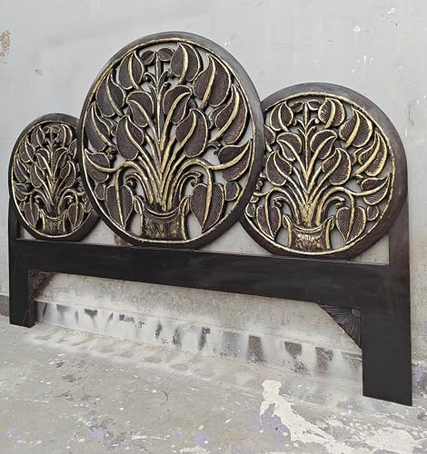 Hand Caved Half Moon King Engineered Wood Headboard Black Gold Antique Headboard Wall Mount Bed Headboard (Queen- 63x45x1 -inches)