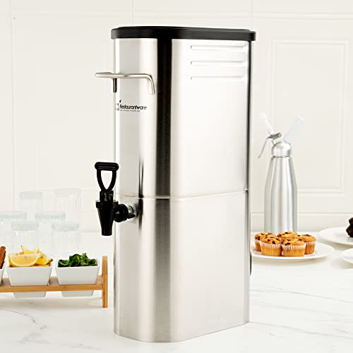 Restaurantware Bev Tek 3 Gallon Iced Tea Dispenser 1 Slim Design Iced Tea Server - No-Drip Spigot Cold & Hot Drink Friendly Silver 13/0 Stainless Steel Iced Beverage Dispenser With Handles