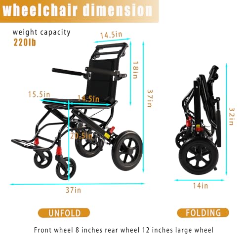 (Seat Width:16") Ultralight Lightweight Folding Wheelchair, Transport Wheelchair for Adults Support 220lbs with Foldable Pedals and Flip-Backs Arms, Handbrake & Storage Bag (12 inch PU Rear Wheel)