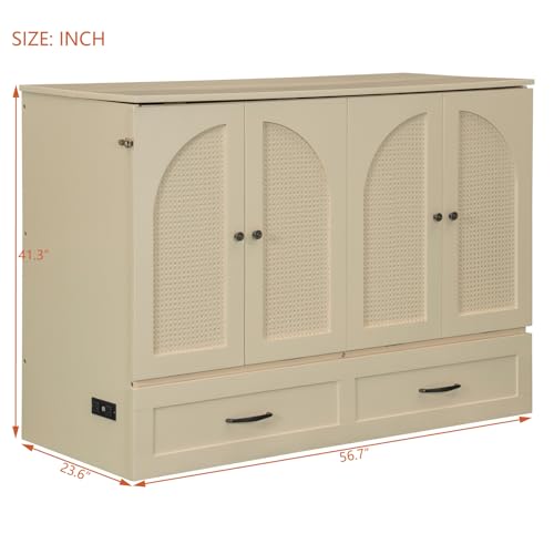 Full Size Murphy Bed Cabinet, Solid Wood Murphy Bed with Charging Station and Large Storage Drawer, Wall Mounted Foldable Platform Bed, Space Saving for Guest Room, Office, Gray