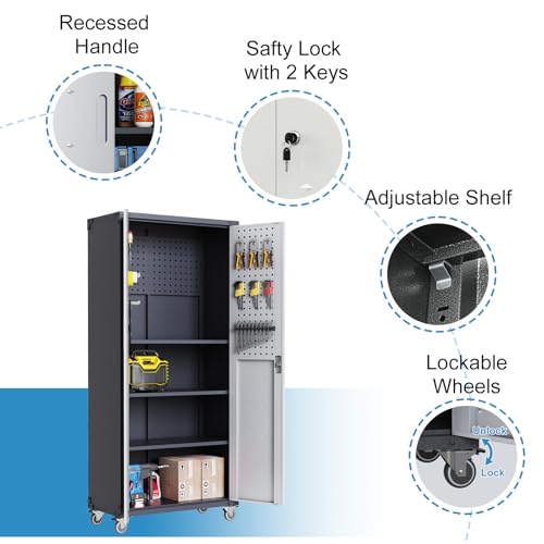 Garage Storage Cabinet Wall Cabinet with 2 Doors,Lockable Tool Cabinets Wall Mounted with Adjustale Shelves,Heavy Duty Steel Hanging Cabinets for Warehouse Kitchen Laundry,Assembly Required