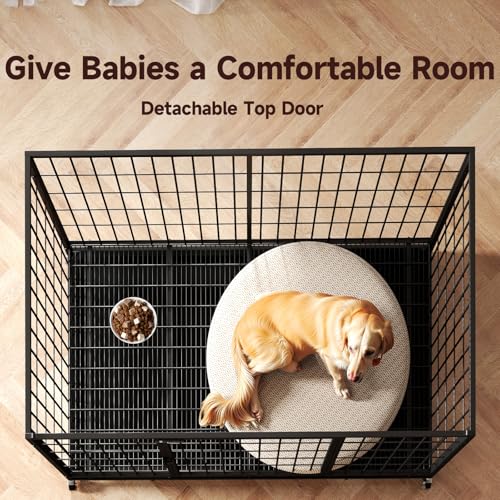 48 Inch Heavy Duty Indestructible Dog Crate Steel Escape Proof, Indoor Double Door High Anxiety Cage, Kennel with Wheels, Removable Tray, Extra Large XL XXL