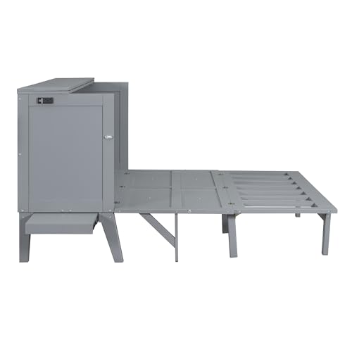 Queen Size Murphy Bed with USB Port, Wooden Queen Bed Frame with 2 Removable Desk, Foldable Cube Cabinet Queen Platform Bed, Modern Murphy Bed for Guest Room Home Office, White