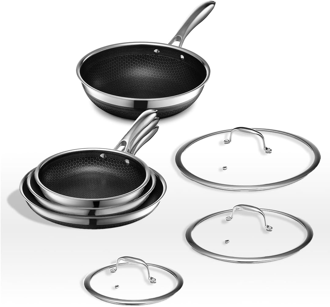 HexClad 7 Piece Hybrid Stainless Steel Cookware Set - 6 Pc Pan Set with Lids and 10 Inch Wok, Stay Cool Handle, Dishwasher and Oven Safe, Non-Stick