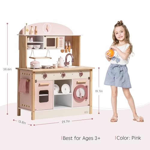 ROBUD Play Kitchen Set, Wooden Play Kitchen with Ice Maker, Fridge, Coffee Machine, Oven, Dishwasher, Microwave, Kitchen Accessories, Toy Kitchen Gift for Boys Girls, 3+