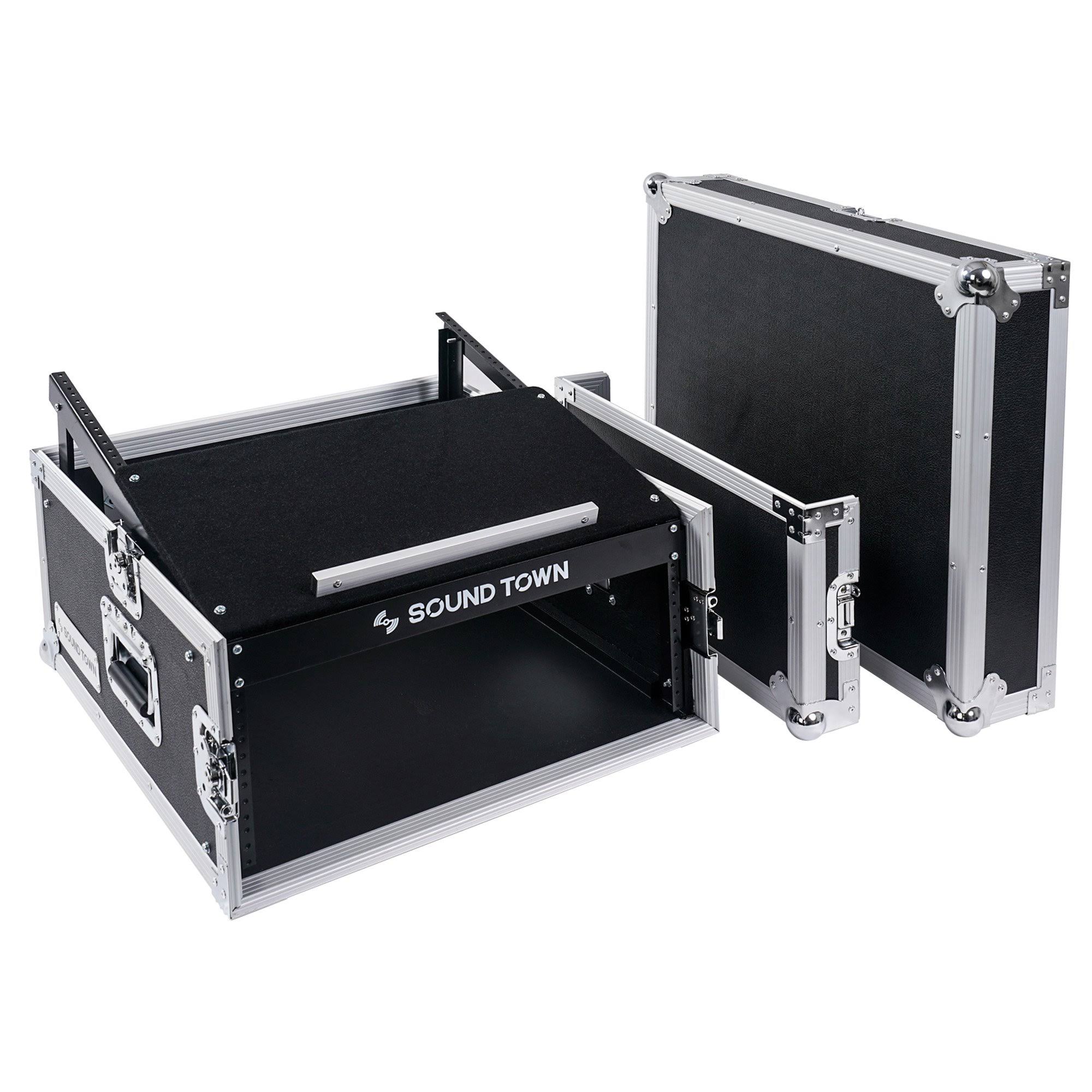 Sound Town 4U PA DJ Rack/Flight/Road Case with 11U Slant Mixer Top, 20 Rackable Depth, 4-Space Size (stmr-4us)