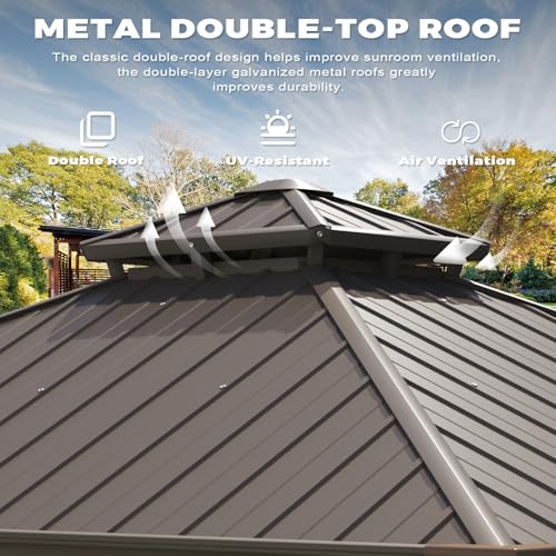 EROMMY 12' x 15' Sunroom, Solarium Gazebo with Aluminum Frame and Polycarbonate Roof, Outdoor Permanent Sun Room with Moveable PVC Screen and Sliding Door for Garden, Patio, Deck, Lawns