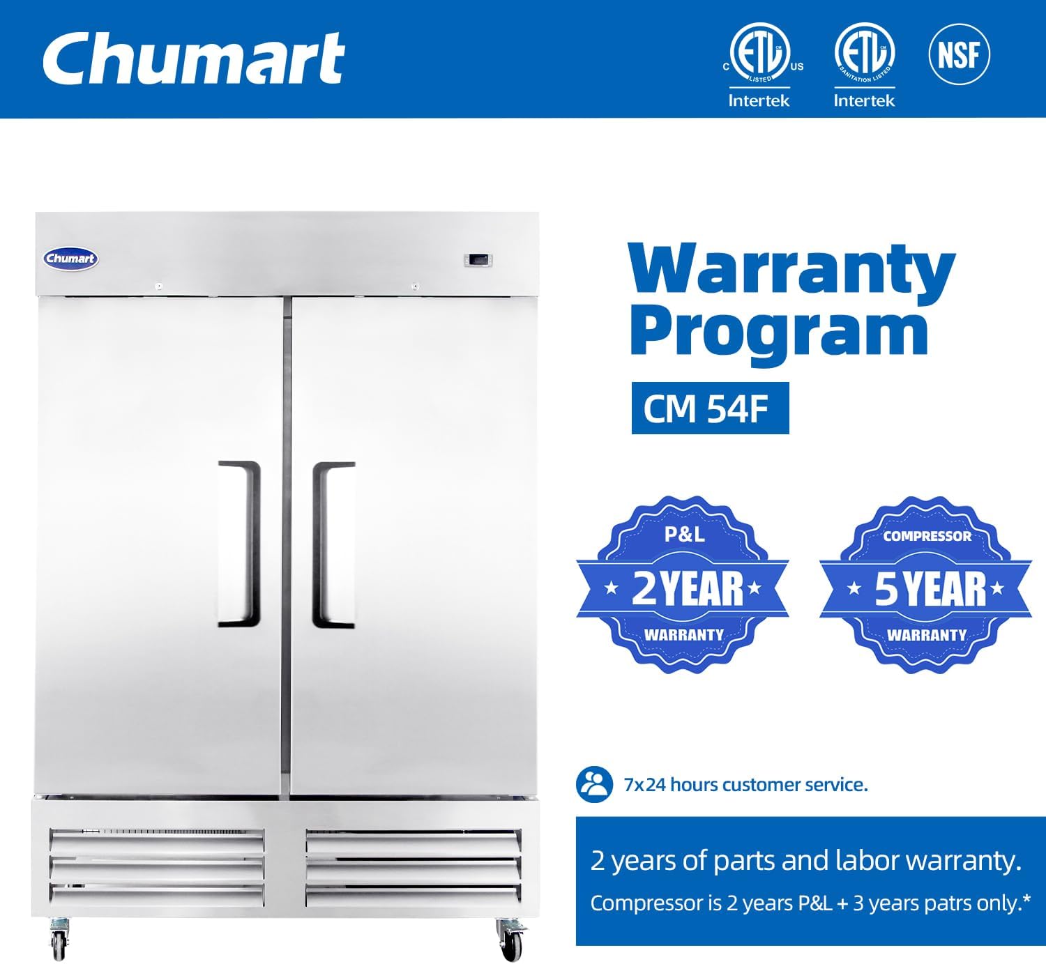 54" W Commercial Freezer with 2 door Stainless Steel 49 Cu. Ft Reach-in Freezer 6 Adjustable shelves Fan Cooling Freezer for Restaurant, Commercial Kitchen, Shop, ETL Certification