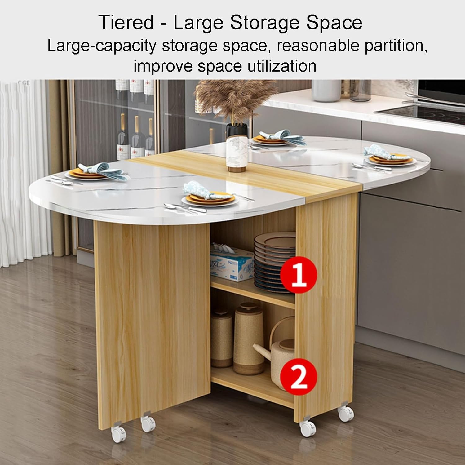 Extendable Drop Leaf Folding Dining Table, Modern Folding Table Drop Leaf Dining Table with 8 Wheels and 2-Layer Storage Shelf, Multifunction Expandable Table for Kitchen, Bedroom, Living Room