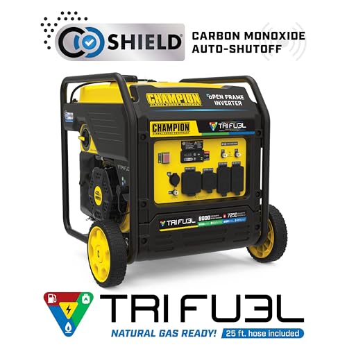 Champion Power Equipment 9000-Watt Electric Start Tri Fuel Home Backup Portable Open Frame Inverter Generator with Quiet Technology and CO Shield