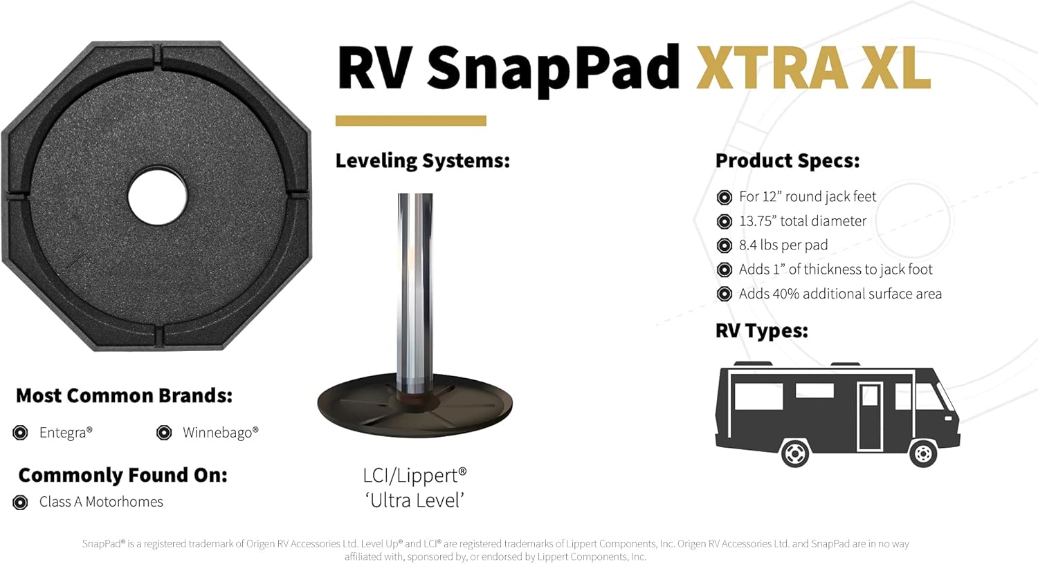SnapPad Xtra Permanently Attached RV Leveling Jack Pad for 9 inch Round Landing Feet (Single) Pack of 2