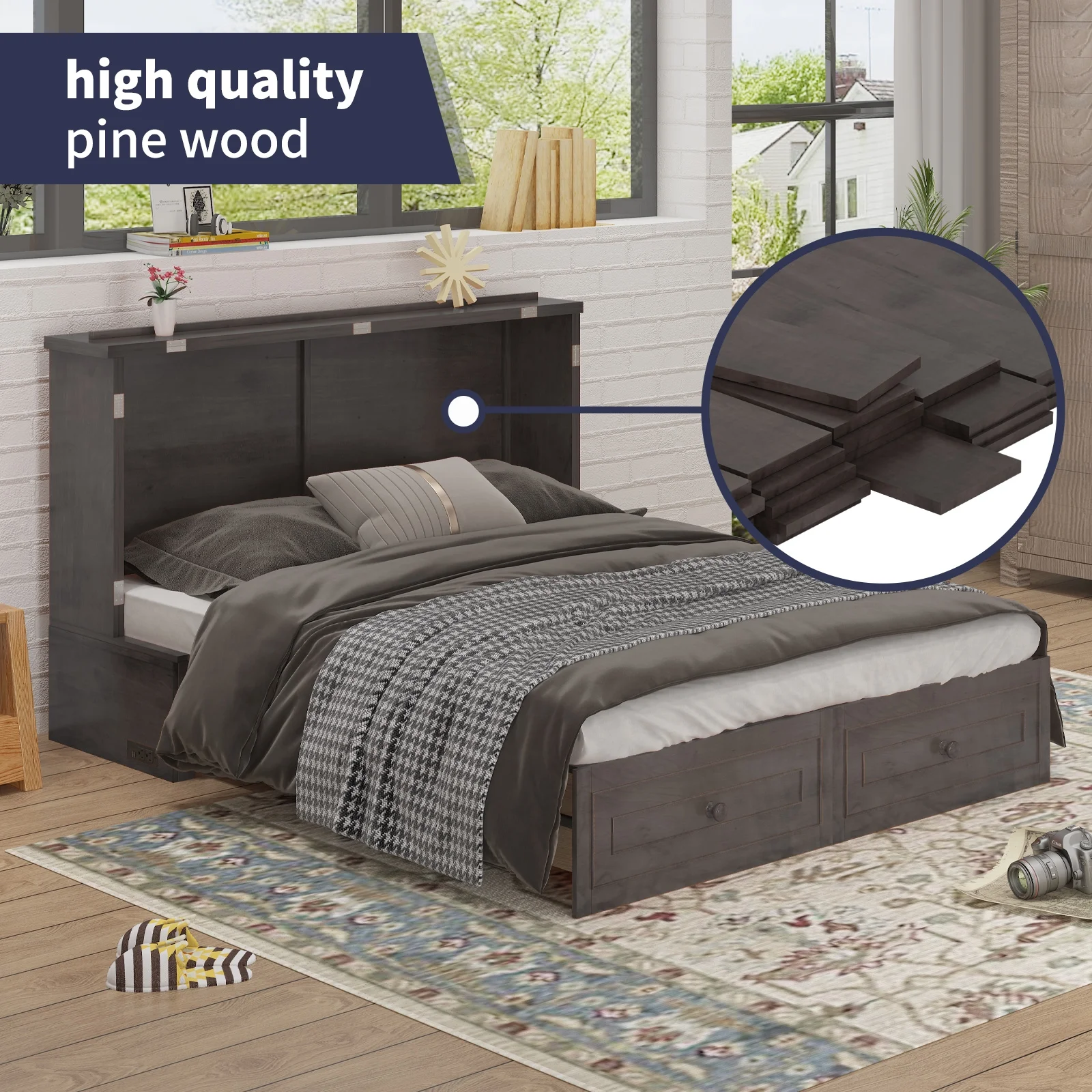 ijuicy Queen Size Murphy Bed Cabinet with Built-in Charging Station and Storage Drawer, Solid Wood Cabinet Bed Queen Size with Mattress, Murphy Cube Chest Bed for Guest Room, Home, Office- Grey
