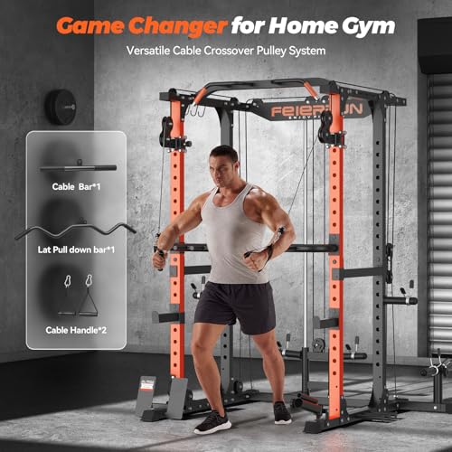 FEIERDUN Multi-Function Squat Rack Power Cage FLA01,2000LBS Capacity Power Rack with Adjustable Cable Crossover System and Additional Attachments, Ideal Weight Cage for Home Gym & Garage Workouts