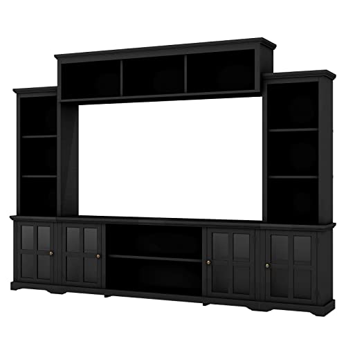 CEMKAE Modern TV Stand Complete TV Entertainment Wall Unit Center TV Console Table for TVs Up to 70”,Entertainment Center with Storage Bridge and Glass Door Storage Cabinet/Bookshelves (White)