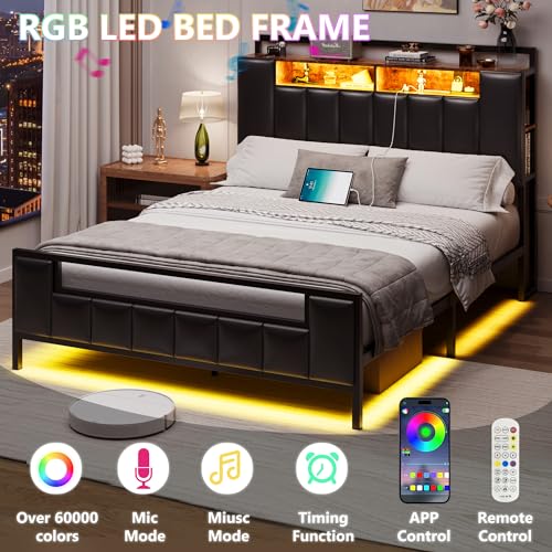 Alohappy Full Size Bed Frame with Storage Headboard & Charging Station, PU Leather Platform Bed Frame Full with LED Lights and Hidden Storage, Heavy Duty Metal Slats, No Box Spring Needed, Black