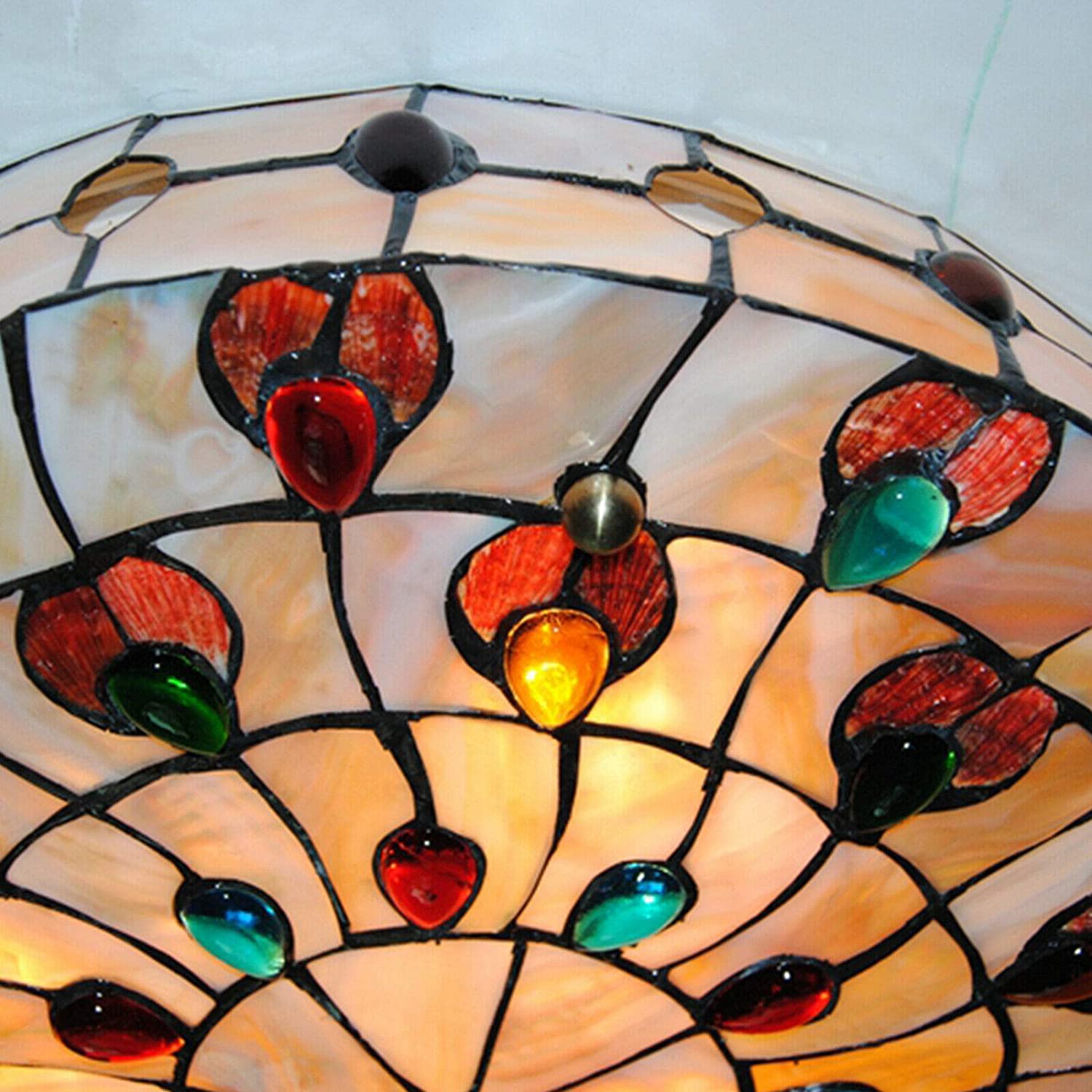 TFCFL Vintage Tiffany Ceiling Light, 20 Inch Flush Mount Stained Glass Hand-Made Art Deco Chandelier Lamp Fixture with Peacock Tail Painting Shade
