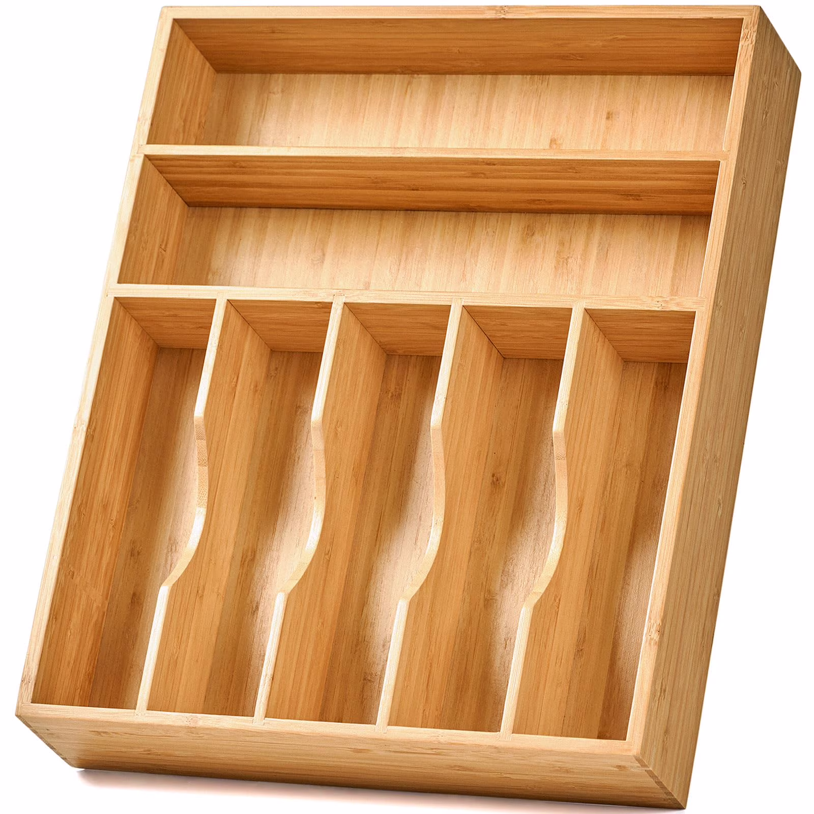 13 Inch Bamboo Kitchen Organizer, 7-Slot Utensil Tray for Drawers, Extra Deep Divider for Forks Spoons Knives and Cooking Tools, Natural Wood Design, Orange