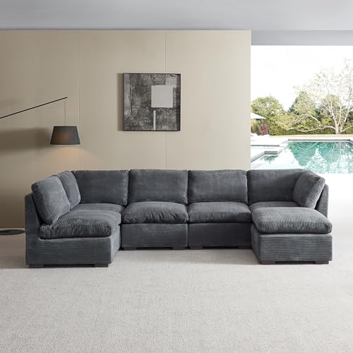 131" Oversized Modular 6 Seaters Cloud Sectional Sofa W/Reversible Chaises, Modern TV Couch L/U Shaped Free Combined Deep Seat Corner Sofa&Couch with Movable Ottoman Coffee Table for Living Room