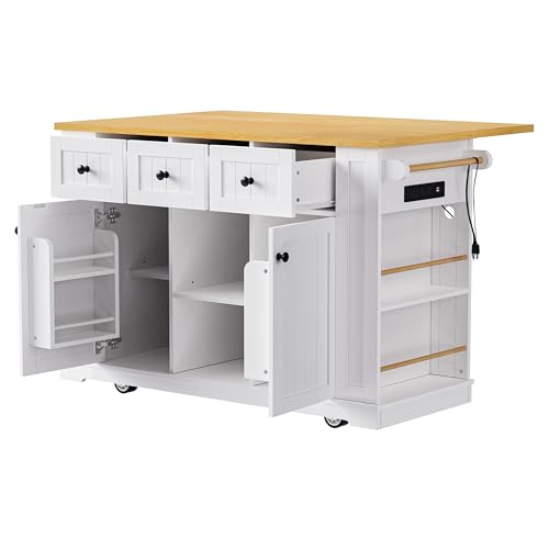 53" Rolling Large Kitchen Island Set with Power Outlet,Mobile Carts with Storage Cabinet,Extra Drop Leaf,3 Drawers and 5 Open Side Racks,Wood Table for Dining Room (Island & Stools)