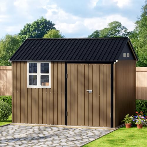 10X12X7.5 FT Outdoor Steel Storage Shed with Lockable Doors, 2 Windows, Transparent Roof Panels (Wood Panels & Frame Floor Not Included), Ideal for Patio Storage,Garbage Can, Chicken Coop，Brown