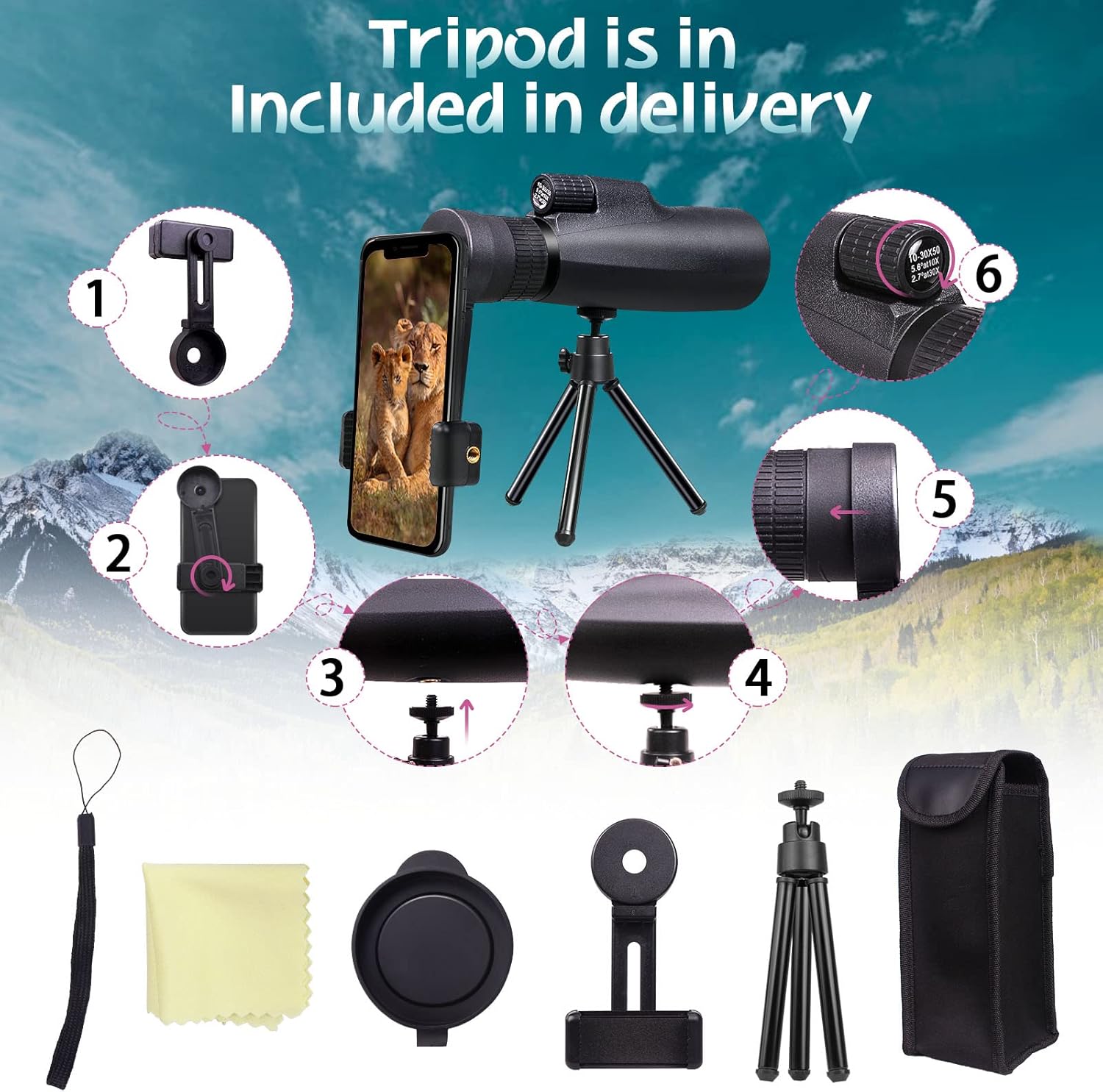 30x50 HD Monocular Telescope, 2022 Upgraded High Power Waterproof Monocular with Smartphone Adapter Stable Tripod Portable BAK4 Prism FMC Monoculars for Bird Watching Hunting Camping Concert