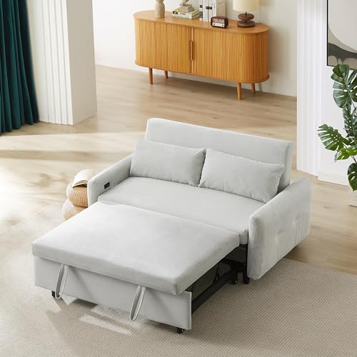 LUMISOL 4 in 1 Convertible Sofa Couch Bed, 57" Pull Out Sleeper Sofa Bed with USB Ports and Two Pillows, Modern Corduroy Fabric Loveseat Sofa Bed with Armrests for Living Room Small Space (Blue Grey)