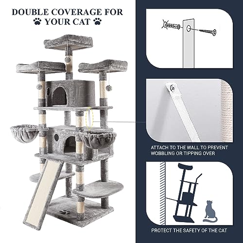 Allewie 68 Inches Cat Tree/House and Towers for Big Feline/Scratching Post/Multi-Level Large Kitty Climbing Tree with Condo/Smokey Grey