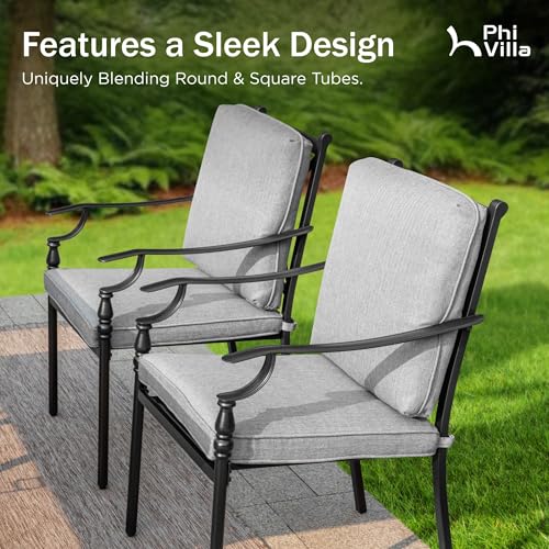 PHI VILLA 7 Pieces Outdoor Dining Set for 6, Rectangular Black Steel Dining Table with Fixed and Swivel Iron Chairs, Large Dining Furniture Set with Cushions for Patio, Deck, Porch, Backyard