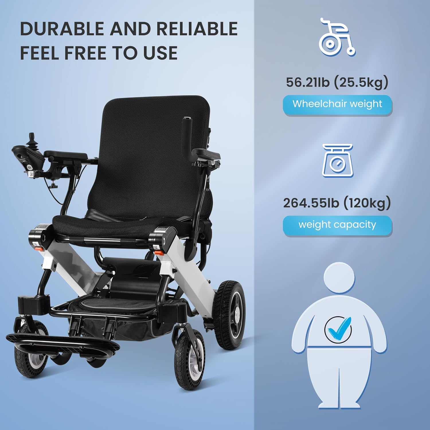 Careboda Intelligent Lightweight Foldable Electric Wheelchair, 15.5 Miles Range All Terrain Comfortable Motorized Wheelchair, 2x180W Powerful Motor, Anti-Tipper, Airline Approved, Weight 56 lbs