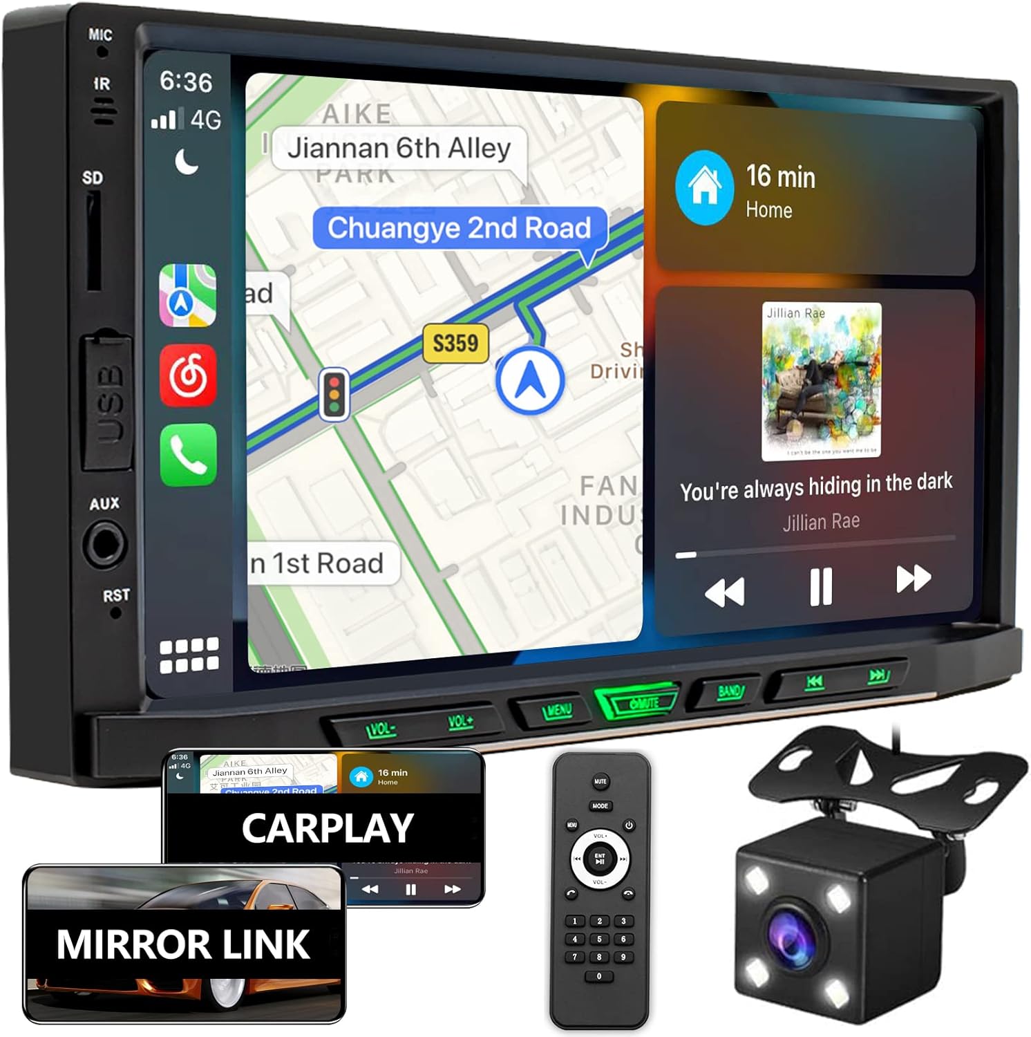 Double Din Car Stereo with Bluetooth 5.1, Mirror Link for Android/iOS Phones, 7 Inch Touchscreen Car Entertainment Multimedia System, HD Backup Camera, Steering Wheel Control/USB/TF/FM/AM