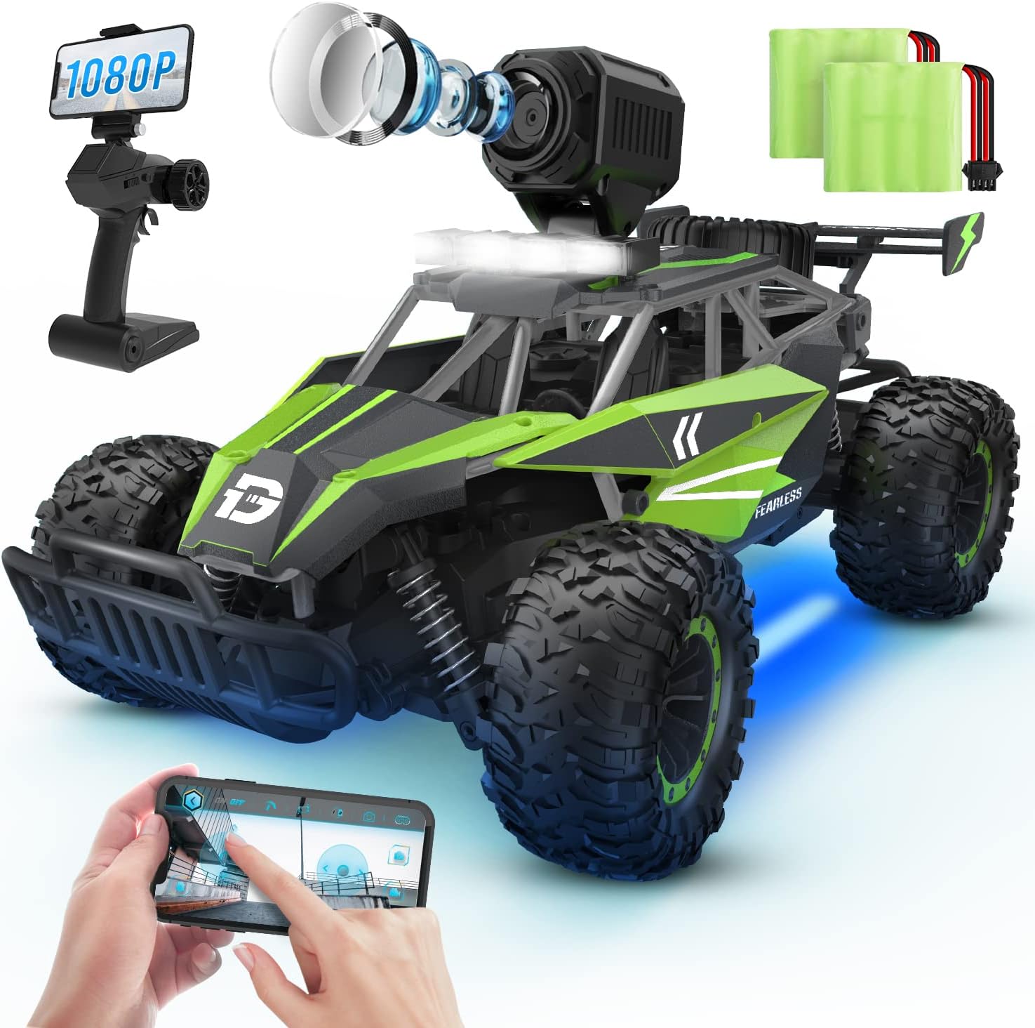 DEERC RC Cars DE36W Remote Control Car with 720P HD FPV Camera, 1/16 Scale Off-Road Remote Control Truck, High Speed Monster Trucks for Kids Adults 2 Batteries for 60 Min Play, Gift for Boys and Girls