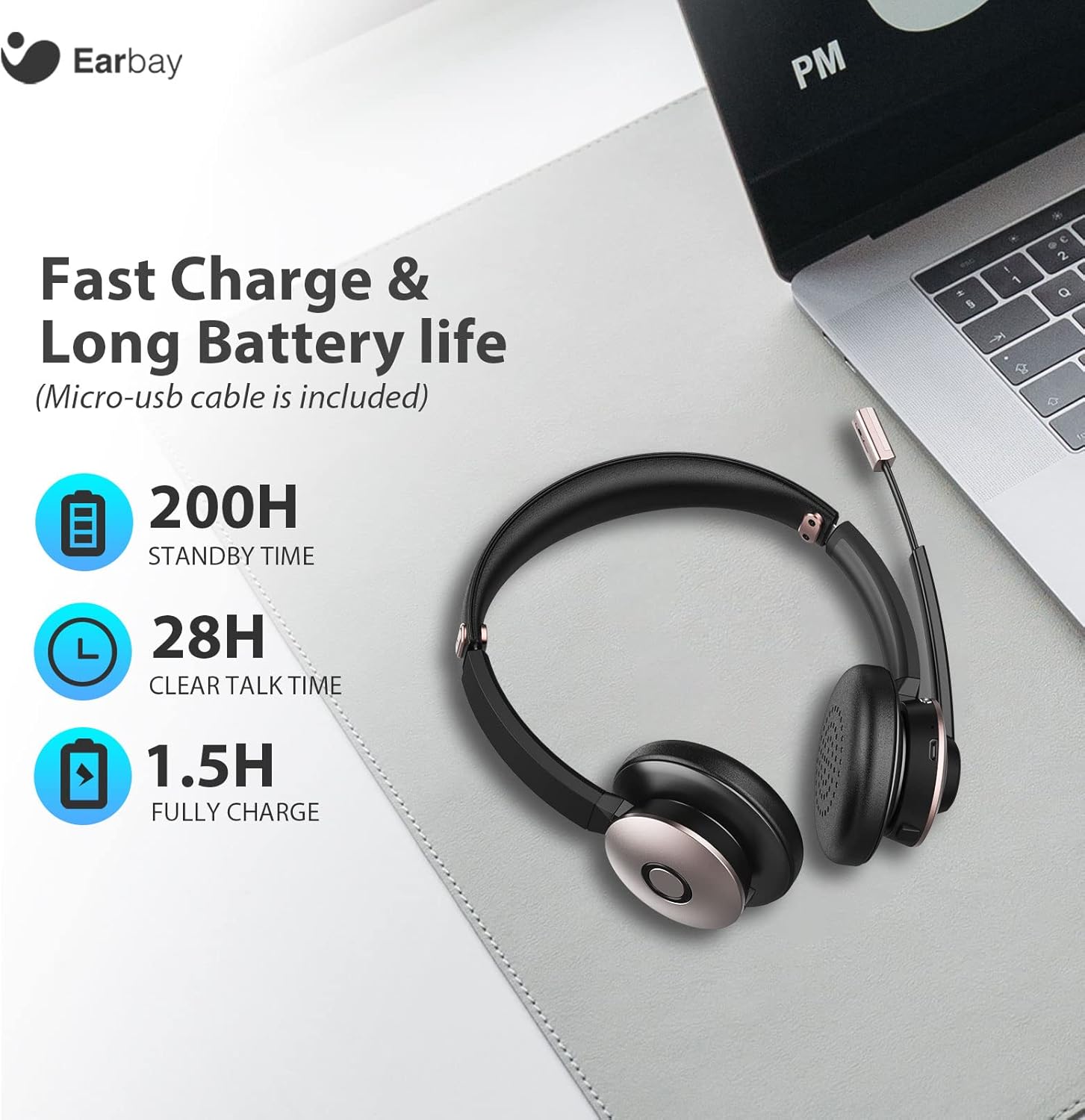 Bluetooth Headset with Microphone Noise Cancelling, Wireless Headset with Mic & USB Dongle, Dual Connect Office Headset, On-Ear Headphones Bluetooth 5.0, 28hrs Talk time for PC/Office/Zoom/Skype