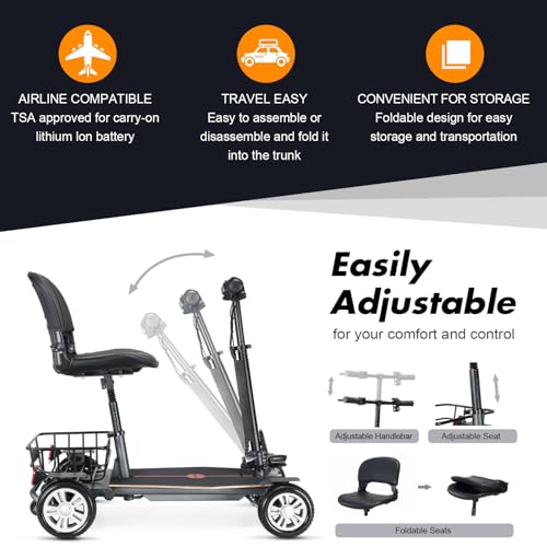 Mobility Scooters for Adults 15 Miles Driving Distance Weight Only 43lbs, 4 Wheeled Lightweight Travel Mobility Scooters, Foldable Portable Power Scooters for Seniors Support 280lbs