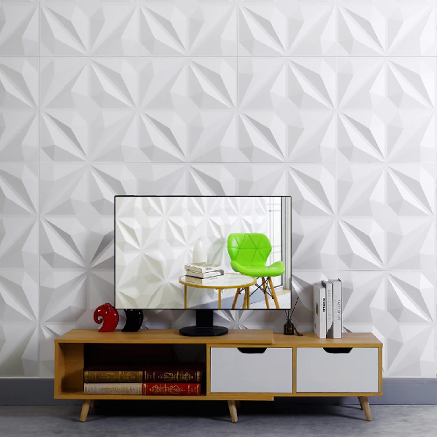 MIX3D 3D Wall Panel, Modern Geometric White PVC 3D Wall Panels for Interior Wall Decor, Pack of 12 Tiles Cover 32 Sq Ft Pack of 2