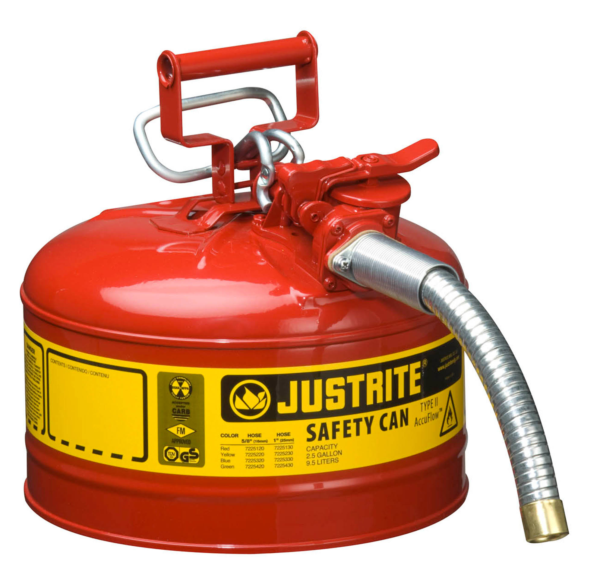 Justrite 7225130 Type II AccuFlow 2.5 Gallon 1x22 Hose Steel Safety Can, Red