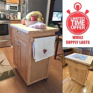 Branded Mobile Kitchen Island Cart on Wheels Solid Wood Butcher Block Top Cutting Board