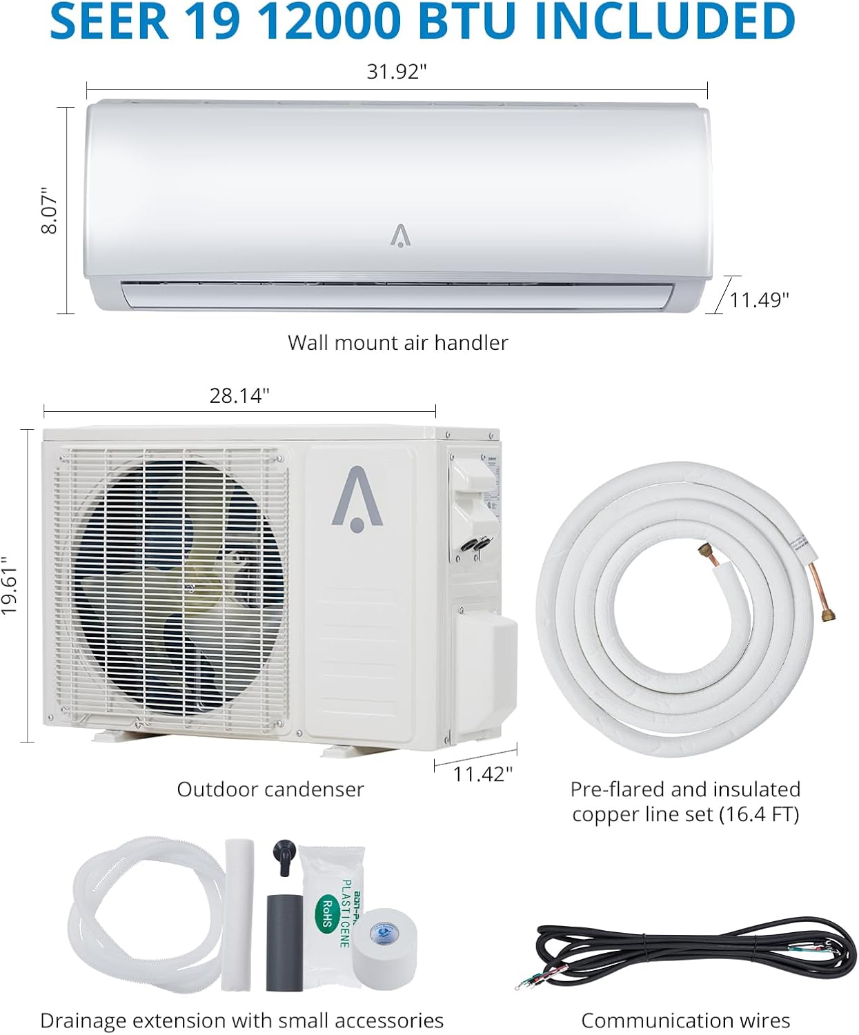 12,000 BTU Mini Split AC, 19 SEER2 Wall Mounted AC with Heat Pump & Installation Kits, Ductless Inverter Split-System Air Conditioners Cools up to 550 Sq. Ft, WIFI and Remote Control, 115V