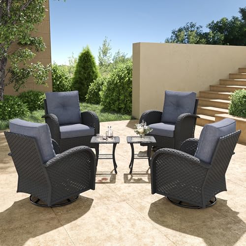 5 Pieces Wicker Patio Furniture Set, Luxury Outdoor Conversation Set with High Back Swivel Rocker Chairs