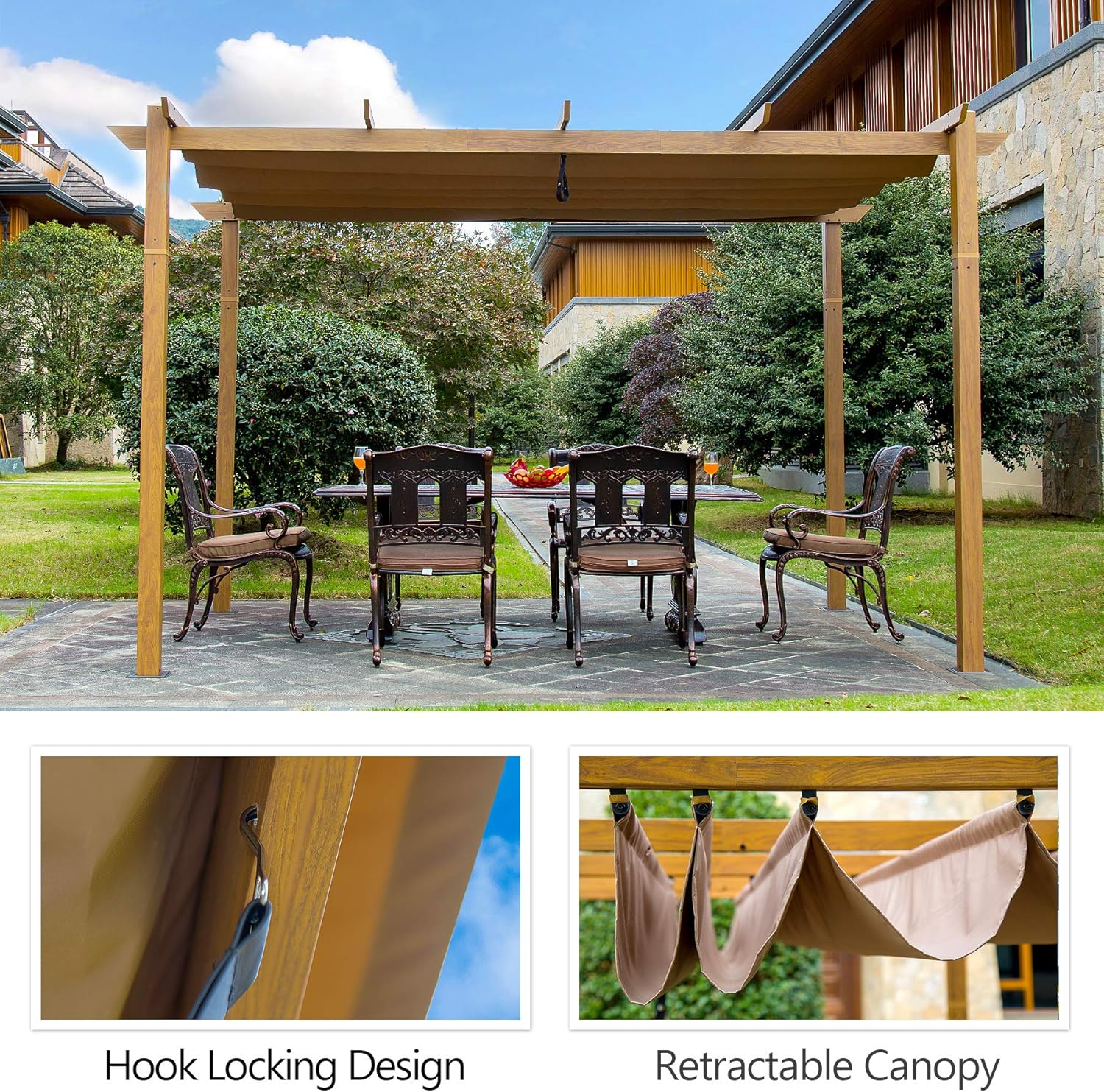 Outdoor Pergolas (2021 New) - Patio Aluminum Retractable Pergola Outdoor Gazebo Heavy Duty Grape Trellis Sunshade Canopy with Natural Wood Looking Finish by domi outdoor living (Martinique 10x13ft)
