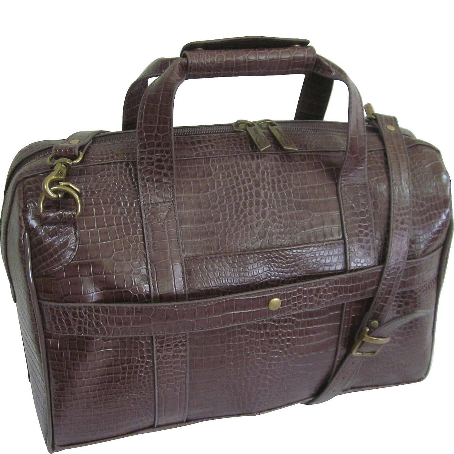 Amerileather Croco-Print 16 inch Leather Carry-On Weekend Duffel, Brown
